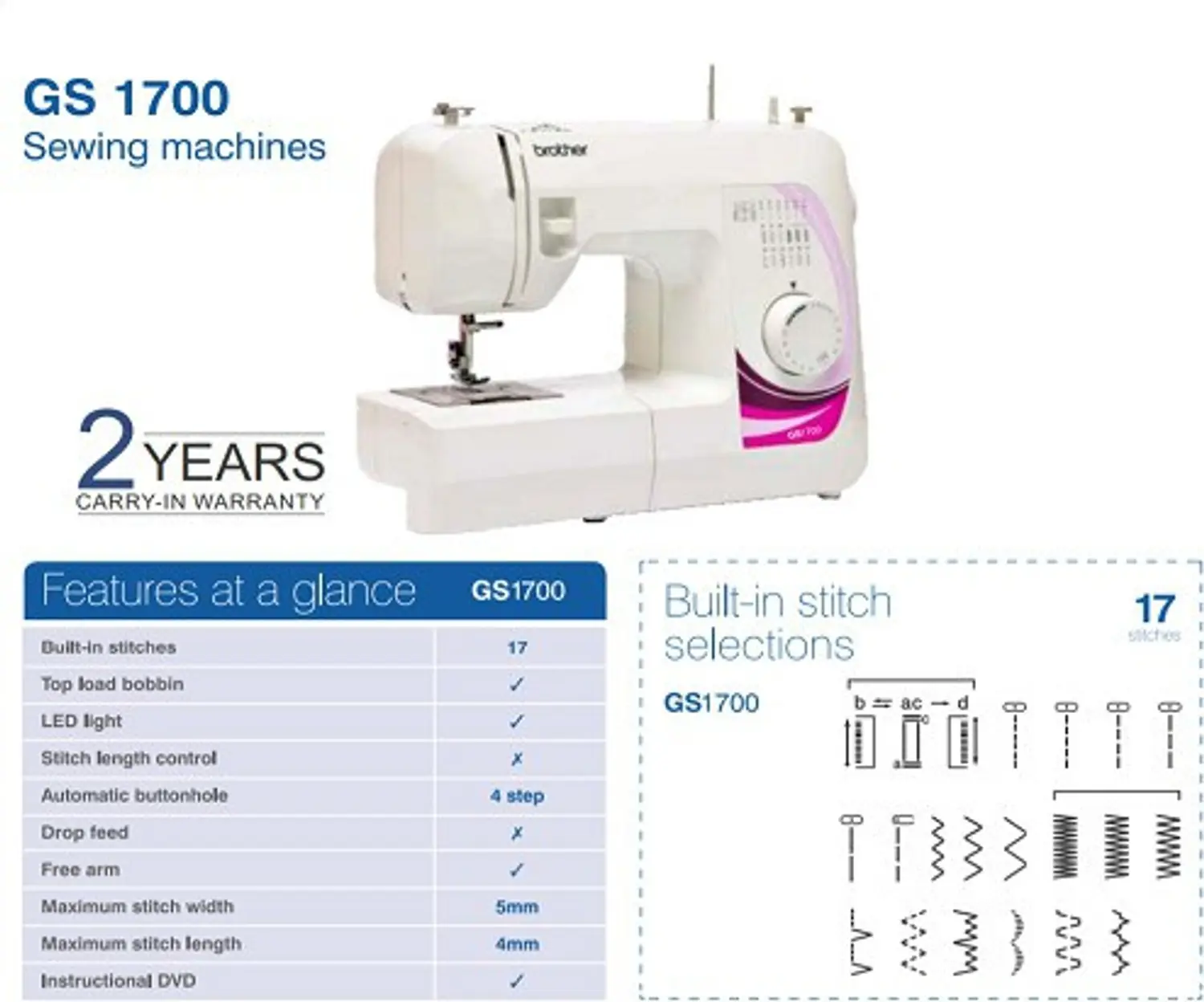 Brother GS1700 | 17-Stitch Mechanical Sewing Machine | Built-In Needle Threader | LED Light & Top-Load Bobbin, view 2