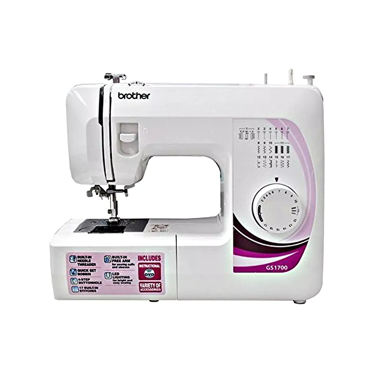 Brother GS1700 | 17-Stitch Mechanical Sewing Machine | Built-In Needle Threader | LED Light & Top-Load Bobbin