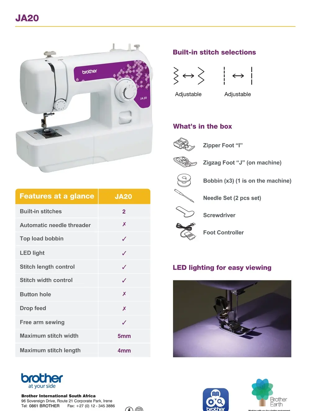 Brother JA20 | Mechanical Sewing Machine | 2 Built-In Stitches | Free Arm & LED Light, view 4